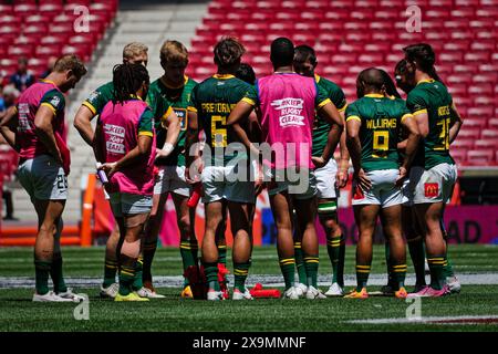 Madrid, Espagne. 01 juin 2024. Finale du Championnat de rugby à sept 2ème jour. PISCINE MASCULINE CHAMPIONNAT PISCINE B, Nouvelle-Zélande 7s VS Afrique du Sud 7s. Des équipes du monde entier s'affrontent ce week-end dans la finale très attendue du Rugby Sevens Championship, mettant en valeur leur vitesse, leurs compétences et leur stratégie dans un tournoi passionnant et rapide. Les spectateurs sont censés remplir les stands, créant une atmosphère électrique sur le site. Crédit : Enriquepsans/Alamy Live News Banque D'Images