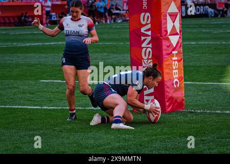 Madrid, Espagne. 01 juin 2024. Finale du Championnat de rugby à sept 2ème jour. WOMEN'S CHAMPIONSHIP POOL A, USA 7s VS Grande-Bretagne 7s. Des équipes du monde entier s'affrontent ce week-end dans la finale très attendue du Rugby Sevens Championship, mettant en valeur leur vitesse, leurs compétences et leur stratégie dans un tournoi passionnant et rapide. Les spectateurs sont censés remplir les stands, créant une atmosphère électrique sur le site. Crédit : Enriquepsans/Alamy Live News Banque D'Images