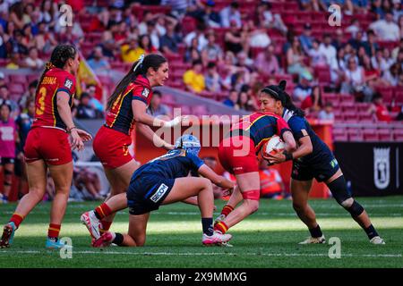 Madrid, Espagne. 01 juin 2024. Finale du Championnat de rugby à sept 2ème jour. PISCINE QUALIFICATIVE FÉMININE A, Japon 7s VS Espagne 7s. Des équipes du monde entier s'affrontent ce week-end dans la finale très attendue du Rugby Sevens Championship, mettant en valeur leur vitesse, leurs compétences et leur stratégie dans un tournoi passionnant et rapide. Les spectateurs sont censés remplir les stands, créant une atmosphère électrique sur le site. Crédit : Enriquepsans/Alamy Live News Banque D'Images