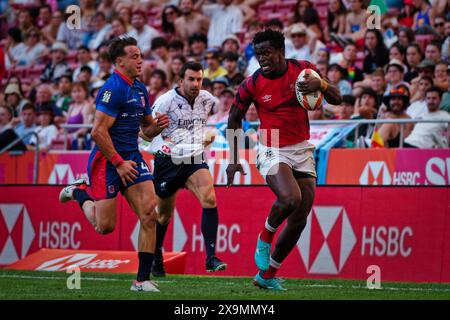 Madrid, Espagne. 01 juin 2024. Finale du Championnat de rugby à sept 2ème jour. QUALIFICATION POUR LA PISCINE MASCULINE B, Kenya 7s VS Chili 7s. Des équipes du monde entier s'affrontent ce week-end dans la finale très attendue du Rugby Sevens Championship, mettant en valeur leur vitesse, leurs compétences et leur stratégie dans un tournoi passionnant et rapide. Les spectateurs sont censés remplir les stands, créant une atmosphère électrique sur le site. Crédit : Enriquepsans/Alamy Live News Banque D'Images