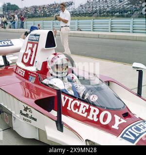 Rétro Pocono 500 race, circa 1970s, Mario Andretti, Bobby Unser, Al Unser, Johnny Rutherford Banque D'Images