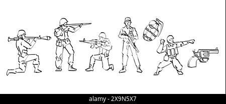 personnage de dessin animé dessiné à la main pour le jeu d'enfants ou la collection de soldat de jouet de combat militaire pose l'illustration d'action Illustration de Vecteur