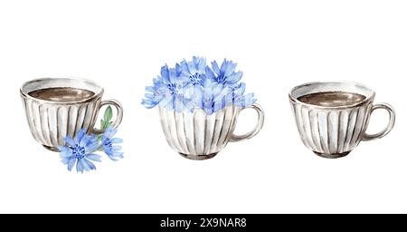 Tasse en céramique avec fleurs de chicorée ensemble. Illustrations d'aquarelle dessinées à la main isolées sur blanc Banque D'Images