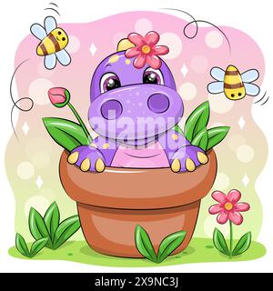 Dinosaure de dessin animé mignon dans un pot de fleurs avec des abeilles et des fleurs. Illustration vectorielle de l'animal dans la nature. Illustration de Vecteur