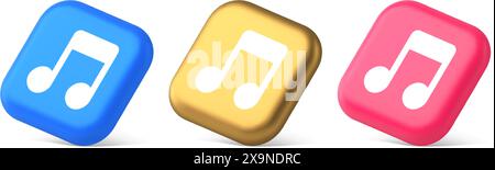 Note de musique bouton audio son audio son écoute production 3d réaliste or bleu et icônes roses. La composition artistique classique joue un ton mélodique Illustration de Vecteur