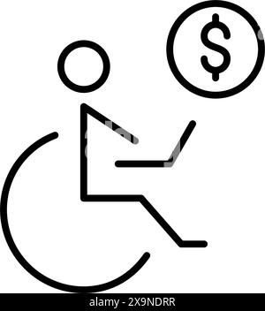 Utilisateur technologique inclusif. Environnement d'espace de travail accessible. Personne handicapée en fauteuil roulant à l'ordinateur portable, icône de signe dollar Illustration de Vecteur