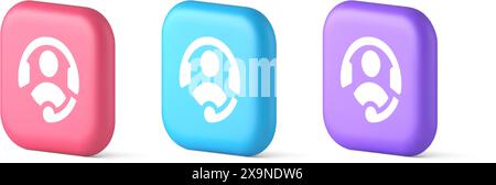 Support à la clientèle bouton d'assistance assistance appeler la connexion à l'assistance téléphonique 3d icônes réalistes rose bleu et violet. Assistance téléphonique d'information de conseil Help cent Illustration de Vecteur