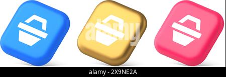 Boutique panier Digital commercial Retail Button marketplace global market app design 3d réaliste bleu or et icônes roses. Groce marketing de panier d'achats Illustration de Vecteur