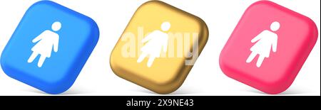 Femme silhouette membre du personnel méconnaissable personne bouton profil utilisateur interface 3d réaliste or bleu et icônes roses. Genre féminin avatar humain we Illustration de Vecteur