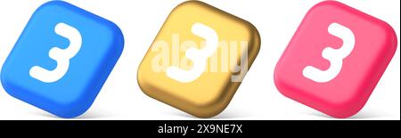 Trois boutons de numéro de communication Internet texting caractère de message 3d réaliste bleu or et icônes roses. Emblème de clavier numérique troisième mathématique Illustration de Vecteur
