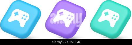 Manette de jeu virtuel bouton de connexion joystick Joypad Web app 3d icônes bleu violet et vert réalistes. Jeu à commande électronique h Illustration de Vecteur