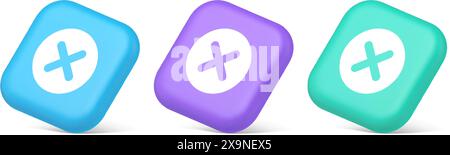 Bouton Croix annuler rejet refus négatif interdit échec 3d icônes réalistes bleu violet et vert. Decayed Deny Remove Ban mauvais identifiant utilisateur int Illustration de Vecteur