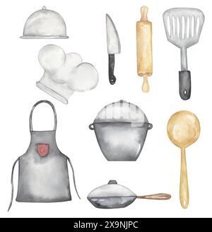 Ensemble d'illustration d'ustensiles d'aquarelle, poêle, couteau, spatule, tablier, cloche de restaurant, chapeau de cuisinière, pot de cuisine, illustration dessinée à la main scoop. enfants sch Banque D'Images