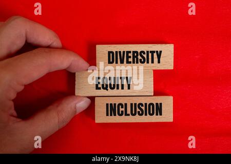 Diversité équité et message d'inclusion écrit sur des blocs de bois avec fond de couleur. Symbole DEI DE diversité conceptuelle, d'équité et d'inclusion. Copier spac Banque D'Images