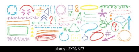 Flèches de texture de crayon dessinées à la main, bulles de parole, signes de ponctuation et cercles de crayon. Craie doodle ensemble de soulignements, boîtes de dialogue, coches, cadres, éléments d'accentuation et lignes fusain. Illustration de Vecteur
