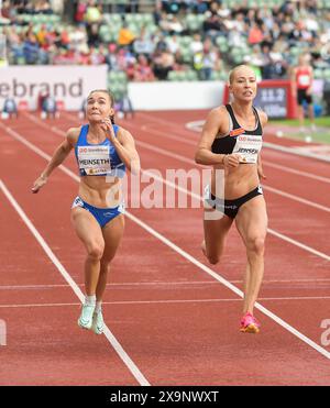 Ingvild Meinseth et Christine Bjelland Jensen, de la Norvège du 100 m National Heat A féminin, aux Wanda Diamond League Oslo Bislett Games, Oslo, Norwa Banque D'Images