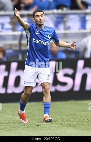 Genk, Belgique. 02 juin 2024. Zakaria El Ouahdi de Genk réagit lors d'un match de football entre KRC Genk et KAA Gent, dimanche 02 juin 2024 à Genk, un match européen Play-off pour une place dans la compétition européenne de football de la saison prochaine, à l'issue de la première division 'Jupiler Pro League' 2023-2024 du championnat belge. BELGA PHOTO JOHAN Eyckens crédit : Belga News Agency/Alamy Live News Banque D'Images