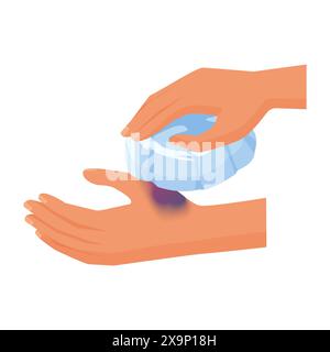 Les mains appliquent le bloc de glace pour refroidir les ecchymoses sur le bras, premiers soins pour l'illustration vectorielle de la main meurtrie Illustration de Vecteur