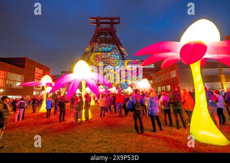 Extraschicht, die lange Nacht der Industriekultur, Kulturfest quer durch das Ruhrgebiet, 35 Spielorte in 19 Städten, hier Leuchtende Blumen illumination an der Zeche Zollverein in Essen, Doppelbock Fördergerüst Schacht 12, NRW, Deutschland, Extraschicht Zollverein *** Extraschicht, la longue nuit de la culture industrielle, festival culturel dans la région de la Ruhr, 35 lieux dans 19 villes, ici illuminant les fleurs à la mine de charbon Zollverein à Essen, Doppelbock Pithead Winding Tower Shaft 12, NRW, Allemagne, Extraschicht Zollverein Banque D'Images