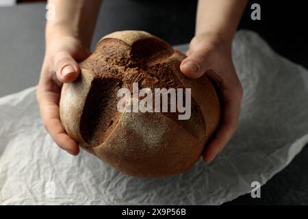 Les mains délicates abritent une miche de pain artisanal fraîchement cuit, parsemée de raisins secs. Cette image capture l'essence de la chaleur maison et craf Banque D'Images