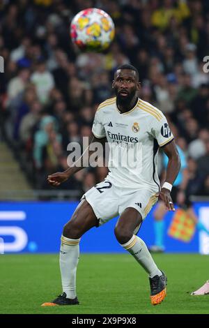 Antonio Rudiger du Real Madrid CF lors de la finale de la Ligue des Champions 2023/2024 entre le Borussia Dortmund et le Real Madri CF au stade de Wembley à Londres (Angleterre), le 1er juin 2024. Banque D'Images