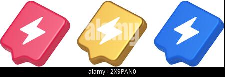 Charge Power Lightning bouton électricité Thunderbolt flèche 3d bulle de parole réaliste or bleu et icônes roses. ECLAIRAGE a ENERGIE orageuse ELECTRIQUE Illustration de Vecteur