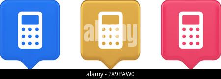 Bouton calculatrice nombre mathématique comptage d'application Web conception 3d bulle de parole réaliste or bleu et icônes roses. Calcul comptable mathématique Illustration de Vecteur