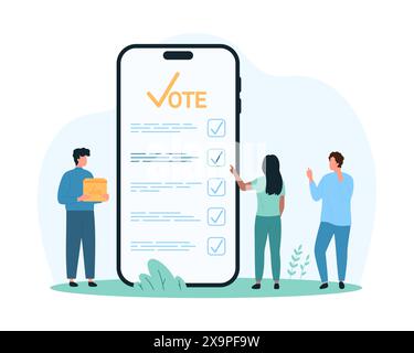Application mobile pour le vote en ligne, l'évaluation digitale de l'expérience client et le feedback. Les gens minuscules votent dans la liste de formulaire d'enquête sur l'écran du téléphone, cliquez sur l'illustration vectorielle de dessin animé de coche Illustration de Vecteur