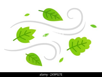 Feuilles d'arbre vertes dans le vent soufflant. Illustration vectorielle de dessin animé simple. Illustration de Vecteur