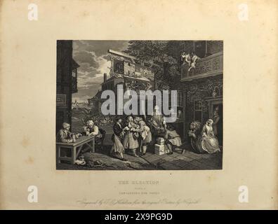 Illustration en noir et blanc : « sollicitation des votes ». Gravure d'après William Hogarth (1697 - 1764) de sa série, 'The Election' Banque D'Images