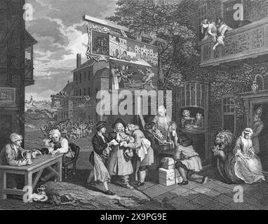 Illustration en noir et blanc : « sollicitation des votes ». Gravure d'après William Hogarth (1697 - 1764) de sa série, 'The Election' Banque D'Images