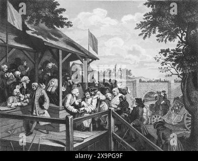 Illustration en noir et blanc : 'le sondage'. Gravure d'après William Hogarth (1697 - 1764) de sa série, 'The Election' Banque D'Images