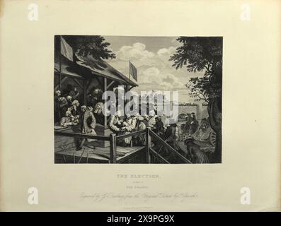 Illustration en noir et blanc : 'le sondage'. Gravure d'après William Hogarth (1697 - 1764) de sa série, 'The Election' Banque D'Images