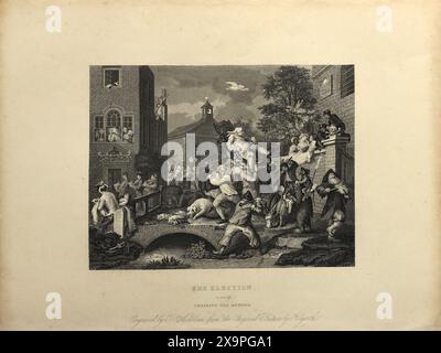 Illustration en noir et blanc: "Présider le député". Gravure d'après William Hogarth (1697 - 1764) de sa série, 'The Election' Banque D'Images