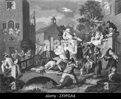 Illustration en noir et blanc: "Présider le député". Gravure d'après William Hogarth (1697 - 1764) de sa série, 'The Election' Banque D'Images