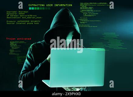 Personne, ordinateur portable et portrait sur fond sombre pour le piratage, le phishing et la distribution de logiciels malveillants. Pirate informatique, technologie et logiciel pour la cybercriminalité, l'information Banque D'Images