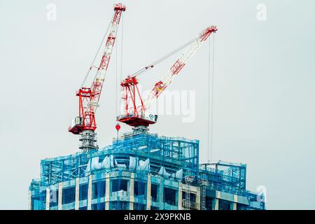 Photo téléphoto de deux grues rouges et blanches au sommet d'un immeuble de bureaux en construction à Roppongi à Tokyo. Fond de nuages gris couvert. Banque D'Images