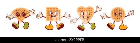 Ensemble de gaufres viennoises, personnages de dessins animés rétro mignons. Délicieux bonbons doux. Groovy, vintage. Style ancien à la mode. Souriant, clin d'œil, frais dans des lunettes de soleil Illustration de Vecteur