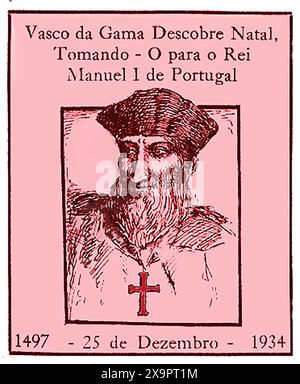 Un portrait de Vasco de Gama des années 1930 (vers 1460- 1524) sur une carte portugaise commémorant sa mort. Il était comte de Vidigueira, vice-roi de l'Inde, et un explorateur renommé - Retrato de Vasco da Gama nos anos 30 num cartão português comemorativo da sua morte. - Banque D'Images