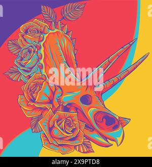 Crâne de Triceratops avec rose sur fond blanc Illustration de Vecteur