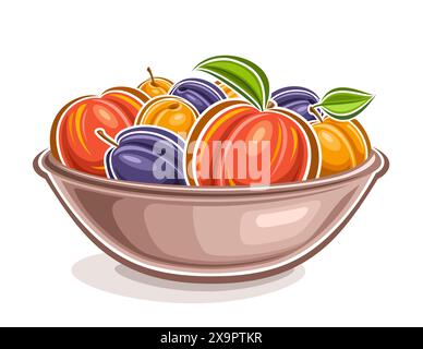 Logo de fruit de vecteur, affiche horizontale décorative avec illustration de contour de la composition colorée de fruits avec des feuilles vertes, étiquette fruitée de conception de dessin animé Illustration de Vecteur