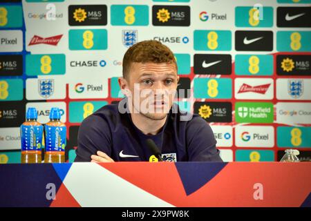 Darlington, Royaume-Uni. 02 juin 2024. Le joueur anglais Kieran Trippier s’adressant aux médias avant leur match contre la Bosnie-Herzégovine dans le cadre de leurs préparatifs pour les prochains Championnats d’Europe de l’UEFA en Allemagne. Crédit : James Hind/Alamy. Banque D'Images