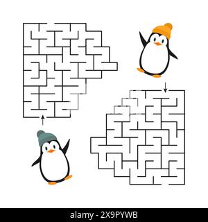 Jeu - un labyrinthe pour deux avec des pingouins pour enseigner aux enfants. Quel pingouin trouvera un moyen de sortir du labyrinthe plus vite. Illustration de Vecteur