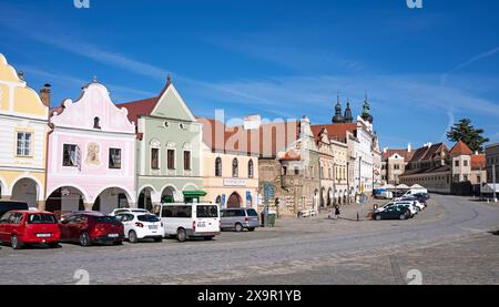 Maisons bourgeoises de style Renaissance et baroque, Zachariáš de la place Hradec, Telč, district de Jihlava dans la région de Vysočina en République tchèque Banque D'Images