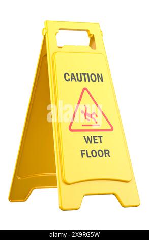 Jaune avertissement Wet Floor Sign, rendu 3D isolé sur fond blanc Banque D'Images