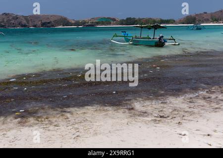 Sacs en plastique et autres déchets flottant sur le rivage de la plage de Tanjung aan sur l'île de Lombok Banque D'Images