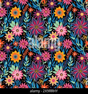 Flower Field Bright Neon Colors sur Black Seamless Vector Pattern. Idéal pour les textiles, les surfaces, les papiers peints, le papier d'emballage, les tissus, décoration ornement, papier artisanal Scrapbook. Illustration de Vecteur