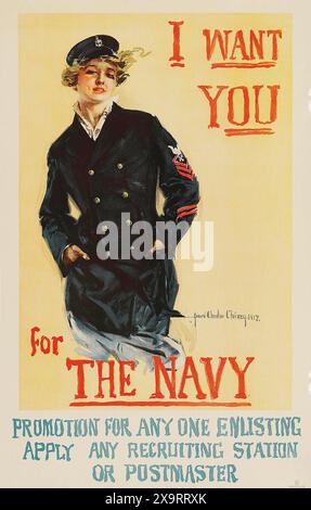 Je vous veux pour la Marine, affiche de recrutement de la première Guerre mondiale, États-Unis, 1917. Par Howard Chandler Christy Banque D'Images