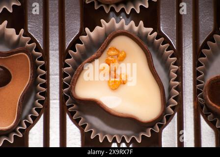 Bonbons au chocolat figurés en gros plan d'emballage Banque D'Images