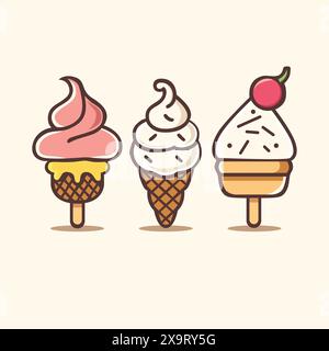 Trois glaces vectorielles dans le style kawaii. Un cornet de vanille souriant avec des pépites, un sundae joyeux au chocolat avec une cerise, et une mignonne fraise Illustration de Vecteur